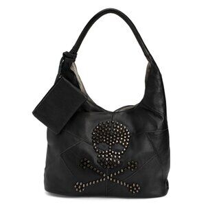 AMERILEATHER Black Leather Studded Skull And Crossbones Handbag